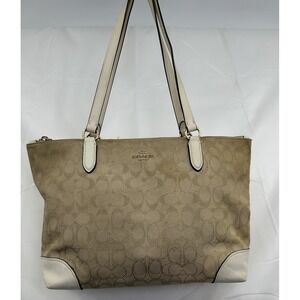 COACH Tote Purse F29958 Signature Canvas Leather Beige White Zipper  Shoulder